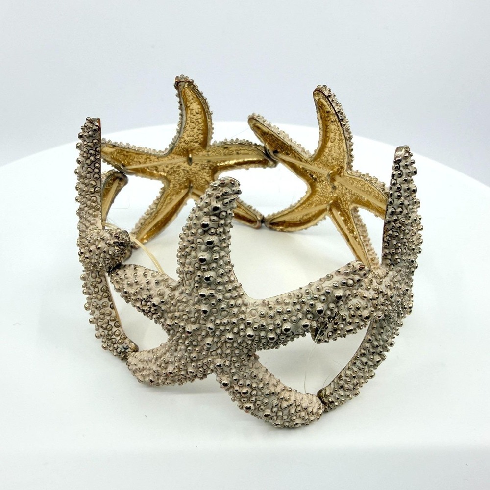Vintage Gold Tone Starfish Cuff Bracelet Nautical Beach Coastal Statement Boho